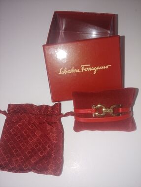 Salvatore Ferragamo Red Leather Double-Wrap Bracelet with Gold Gancini Accent